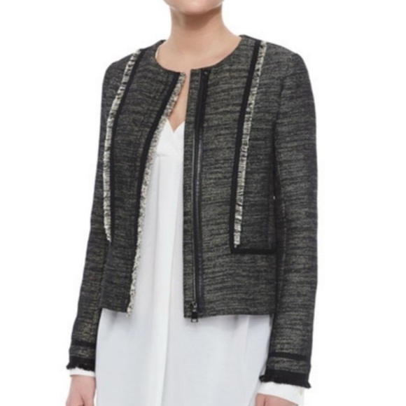 Vince Black Leather Trim Boucle Jacket Size 2 - Picture 1 of 16